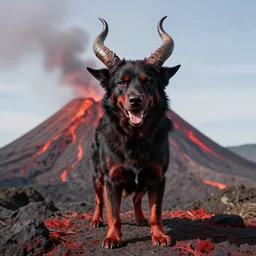devilish dog with horns in volcano