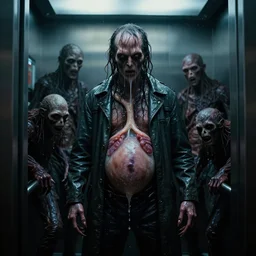 in the dark elevator, one wet skin creature with glowing eyes, stage light, crawling humanoid monsters, smile face, octane rendering, cinematic light. medium shot, 2 4 mm, david fincher, james wan, gritty, moody, eerie, dark artslabcoats, sci - fi equipment, saliva, membrane pregnancy sac, respiratory flap, super realism, claws