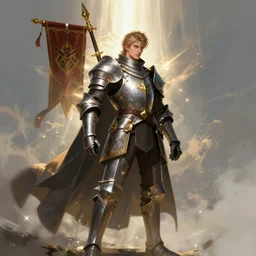 fantasy knight standing in a dramatic pose with a banner, fragan tanguy style, artstation, digital art, wide shot, sharp focus