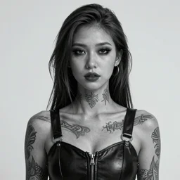 Hot young woman with grey skin, void eyeballs, tattoos, and wearing leather 8k concept art –n 5 –I –S