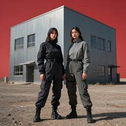 photographic portrait of 2 techwear women in front of a brutalist metal building, on a desolate plain, red sky, sigma 8 5 mm f / 1. 4, 4 k, depth of field, high resolution, octane render 4 k, 8 k, hd, full color, trending on artstation