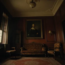 upward view, dark cinematic light, furnished retro style room, by john everett millais