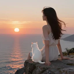 an android girl with a white cat by caspar david friedrich, in the sunset ， sitting on the edge of the cliff looking at the sea ， clean, pure, elegant, highly detailed, digital painting, artstation, concept art, smooth, sharp focus, illustration,