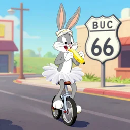 “Bugs Bunny wearing a tutu and a turban, he is riding a unicycle and eating a banana, the location is Route 66”