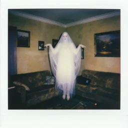 coloured atmospheric polaroid photo of a with transparent ghostly banshee corpse body floating in old living room lighted with flashlight interior