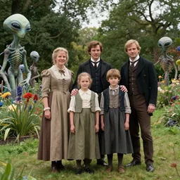 sharp, highly detailed, 36864k film, 175000mm film still from a sci fi blockbuster color movie made in 2019, set in 1860, of a family standing in a park, next to some strange alien plants and flowers, on an alien planet, the family are all wearing 1860s era clothes, good lighting, enhanced faces, 700mm f/2.8L lens