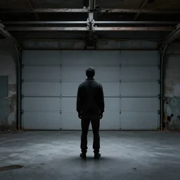 dark lonely figure in an abandoned garage
