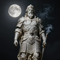 Ancient statue of an old warrior legend, smoke rising in the background, full moon, highly detailed, nice, cinematic lighting, symmetry, 8K, 16K, hypermaximalist, CGsociety, trending on artstation, Noah Bradley, André Le Nôtre, Fred Tomaselli, otherworldly, OctaneRender, realistic, 8k texture, HD, post production, psychedelic black light