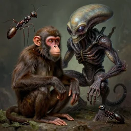 an intricate mix of a monkey an ant and an alien monster, h. r. giger style, by the most renowned artist of the romanticism, hiperdetailed