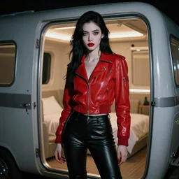 Android girl, very pale skin, red lipstick, green eyes, jet black hair, cherry-red jacket, black leather pants, boots, hair over one eye, futuristic capsule hotel