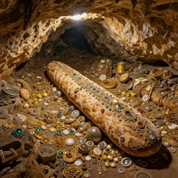 a vast cave filled with stollen riches in jewels, gold and precious items