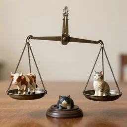 set of balance scales weighing cow figurine and cat figurine