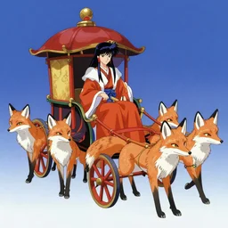 a mystical chariot drawn by foxes in japan, 1990s anime, full color, tarot card the chariot,