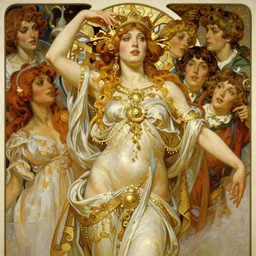 hyper realistic painting of goddess of hysteria, gold ornaments, flowing fabric, intrincate detail, detailed faces by wayne barlowe, gustav moreau, goward, gaston bussiere and roberto ferri, santiago caruso, and austin osman spare, ( ( ( ( occult art ) ) ) ) bouguereau, alphonse mucha, saturno butto