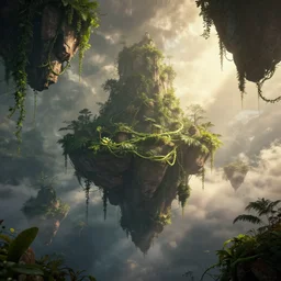 floating islands connected by vines, dramatic lighting, epic, octane render, volumetric light, unreal engine, artbreeder, 8 k, background, scene, digital, artwork, high quality, 8 k