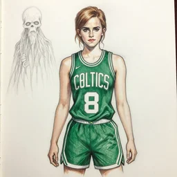 sketch drawing, emma watson in full boston celtics garb, sharp lines, shading, lined paper, green jersey, rough draft, classroom doodle, lovecraftian, cthulhu