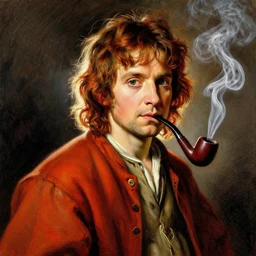 a beautiful portrait painting of frodo, by diego velazquez, beautiful composition and structure, high contrast, high saturation, vivid ember colors, cross hatching featured on artstation, shading study, lighting study, studio lighting, pipe smoke, volumetric fog, artistic, cinematic, backlight, rim light, portrait study