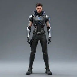 Cyberpunk handsome male android with discreet facial implants. Full body view of the character. Trending on ArtStation