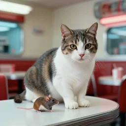 a gray and white cat and a brown and white mouse are on top of each other inside an american diner, the cat is a mix of brown and white vintage sci fi and modern art, cinematic, photography by annie le