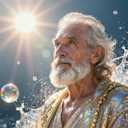 a portrait of an aquatic shiny glowing eldery man in heaven, warp, random, orb, splash, sun, unreal engine, octane render, digital art.