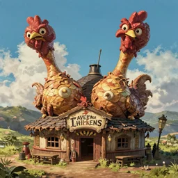 Tavern on Chicken Legs, giant scaly Chicken legs wearing a tavern, Howl's Moving Castle, by  Jakub Rozalski