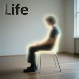 realistic photo of a a blurred person sitting on the chair, side view, empty room, emitting neon soft blurry aura 1 9 6 0, life magazine photo, natural colors, metropolitan museum, kodak, 8 k, very detailed, high resolution, product photo,
