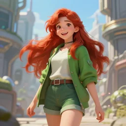 beautiful cute red haired joyful and playful nineteen year old maiden standing up in casual green clothing, long hair, attractive face, modern city, rpg character, sci - fi, fantasy, intricate, elegant, digital painting, artstation, concept art, smooth, 8 k frostbite 3 engine, ultra detailed, art by artgerm and greg rutkowski and magali villeneuve