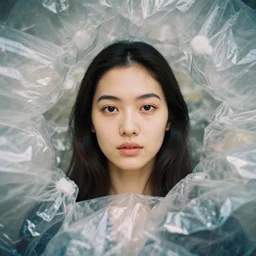 head and shoulder 8 5 mm portrait analog photography of a woman surrounded by plastic by mark owen. long hair. vogue. kodak portra. depth of field. detailed. hq. realistic. muted colors. mamiya 7 ii, f / 1. 2, symmetrical balance, in - frame