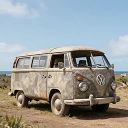 ancient vw bus made of stone, moai from rapa nui style