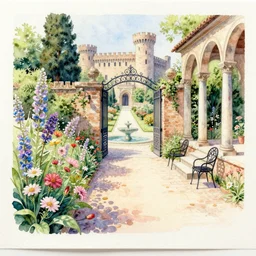 flower, courtyard walkway, fountain, castle, stairway, chairs, wrought iron, gate, tree, delicate, botanic garden, road, botanical herbarium paper, watercolor colored painting, iridescent colors, 8 k, realistic shaded, fine details, artstation, italian style, colonnade