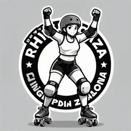 goth girl as roller derby girl portrait, logo, wearing skating helmet, wearing knee and elbow pads, showing victory, Philippe Caza