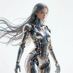 a beautiful body of a bot pilot woman mostly made of wires and electronic circuits led luminous, an ultrafine detailed illustration by james jean, final fantasy, intricate linework, bright colors, behance contest winner, vanitas, angular, altermodern, unreal engine 5 highly rendered, global illumination, radiant light, detailed and intricate environment