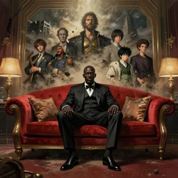 black emperor sitting on a red sofa in an art deco living room, award - winning realistic sci - fi concept art by ilya kuvshinov, hayao miyazaki, kentaro miura, thomas kinkade, beksinski, bruegel, greg rutkowski, and yoshitaka amano, digital painting, masterpiece, gorgeous, beautiful, cinematic, dynamic volumetric lighting, dust clouds and building debris, intense, dramatic