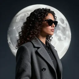 the Moon with long curly hair and sunglasses, wearing a formal overcoat, portait photo profile picture, hyperrealistic concept art, octane render, unreal engine 5, digital art hi