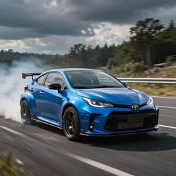 blue toyota gr yaris drift on the road, initial d style art