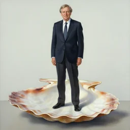 a painting of valery giscard d'estaing standing on a giant scallop shell, floating on the sea near a beach, in the style of sandro botticelli