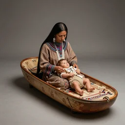 Navajo Indian Mother and Babe in traditional cradle board in her back, unreal 5, hyper realistic, realistic, photo realistic, dynamic lighting, highly detailed, cinematic landscape, studio landscape, studio lighting