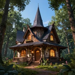 hyper realistic homely ornate witch cottage architectural, in the woods gorgeous lighting, blue sky, highly detailed, lush forest architectural render, octane render, ue 5 raytraced