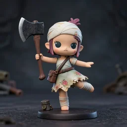 an ominous femo figurine of a cute funny axe wielding fairy with bandages wearing a dirty floral torn dress featured on left 4 dead by studio ghibly and gamesworkshop, carrying survival gear, dark and moody atmosphere, wide angle, dynamic dancing pose, 🎀 🪓 🧚