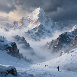 a beautifully ultradetailed painting of majestic mountains covered in snow, early morning, icy mist, artgerm and greg rutkowski, 4 k : 3, storm, people : - 1, dof : - 1, blur : - 1, unreal engine, trending on artstation
