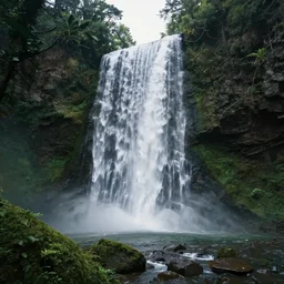 cinematic view of a giant waterfall in the middle of the forest, middle of the day, massive trees, detailed