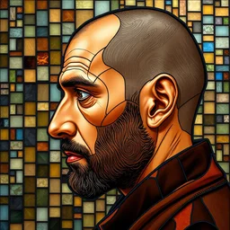 beautiful and detailed portrait of a lebanese man, profile view, side view, 4 5 years old, brown coat, shaved head, slight stubble, stained glass art, by alphonse mucha, mosaic background, very masterful