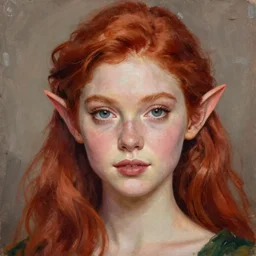 elf girl, long red hair, beautiful features, portrait, painting by alphonse muca, greg ruthowski, craig mullins, ruan jia, wlop, very beautiful and detailed, artstation, high quality