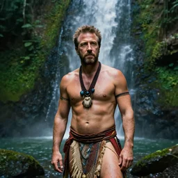 a photo of sasha baron cohen wearing tribal clothes, standing in front of a waterfall, deep in the rainforest, professional light, photo by jimmy nelson, 8 k, photorealistic imagery, trending on artstation, artstationhq, artstationhd