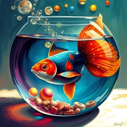 a fish in a fishbowl playing, leonid afremov, saturated