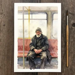 small centered on watercolor paper, paint brush strokes, abstract watercolor painting of old man sitting on tram, poor and rugged, foggy morning dawn, cinematic light, national romanticism by hans dahl, by jesper ejsing, by anders zorn, by greg rutkowski, by greg manchess, by tyler edlin