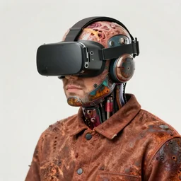 junky men with competer, cybertronic gadgets and vr helmet, durty colours, rotten textures, rusty shapes, flesh + technology, biotechnology, norman rockwell, piotr jablonski, dariusz zawadzki, bruce pennington, larry elmore, intricate complicity, hyperrealistic oil painting on canvas, deep depth field, cinematic composition, hyper - detailed
