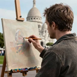 Montmartre Paris, 3d render of a artist, painter, we can see his back, He is painting a canvas, he is Ewan McGregor from behind. We can see his back. We can see his hand holding a pencil