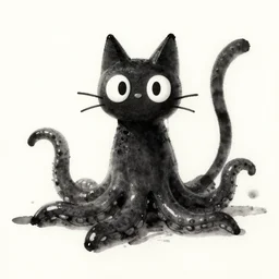 a cute art of ink liquid black cat with tentacles , claymation, Aardman animation