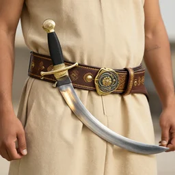 a waist with an arab weapons belt with a curved long egyptian sword in a scabbard and a knife